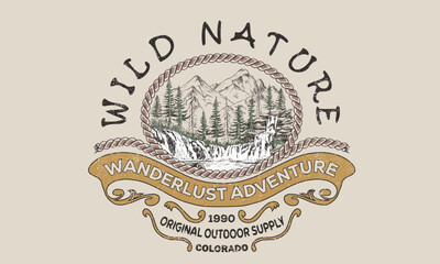 Waterfall with hill artwork. Mountain with tree vintage print design. Wanderlust adventure vintage print design. Mountain camping. Adventure at the mountain graphic artwork for t shirt and others.