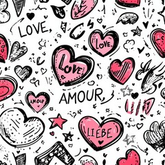 Hand-Drawn Love Doodles with Hearts and Cute Romantic Words
