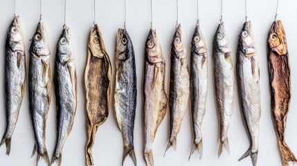 Minimalist style of dried fish hanging in rows, white background, dried fish, traditional preservation techniques