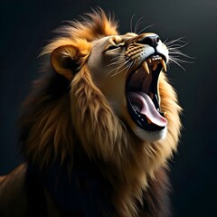 Fototapeta premium Lion roaring headshot with flowing mane captured in close-up