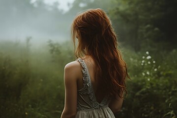 Mysterious Woman Standing in Foggy Forest with Back Turned to Camera