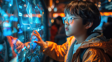 A futuristic classroom where students are interacting with AR displays for enhanced learning experiences