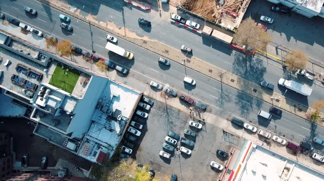 Aerial top down of Prospect Heights Brooklyn city skyline during fall in New York City NY