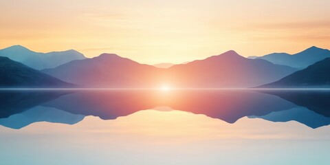 Serene mountain reflection in calm lake at sunrise.