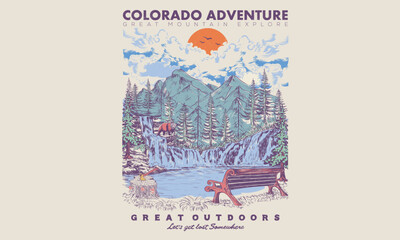 Fototapeta premium Colorado mountain adventure time vector print design. Find the way. Adventure is calling. Outdoor adventure graphic print design. Mountain t-shirt artwork. Wild forest digital painting.