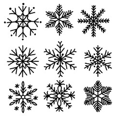 Doodle set of hand drawn snowflakes. Charcoal pen drawn christmas and new year decoration. Vector chalk graphic elements