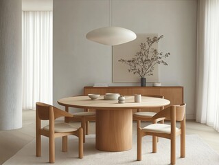 Minimalist dining room with round wooden table