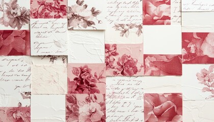 A mix of vintage French patterns, such as toile and damask, combined with delicate floral motifs and handwritten letters, creating a sophisticated collage