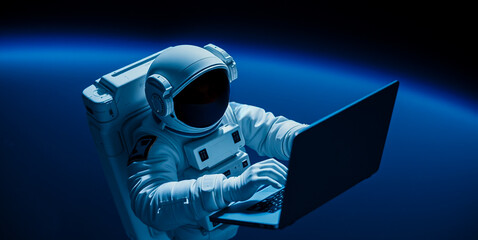 Astronaut using laptop in space, representing technology and exploration in a futuristic setting