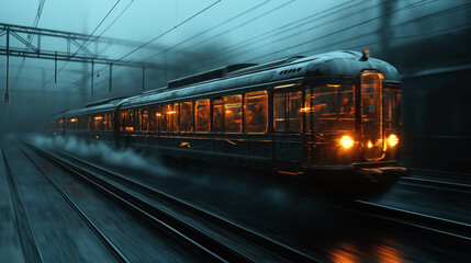 Fototapeta premium A vintage-style train travels at high speed through a foggy environment, illuminated from within by warm lights. The scene is dark and mysterious, enhanced by the mist around the train.