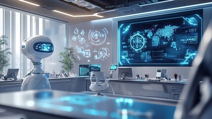 futuristic office setup with robotic process automation, artificial intelligence tools, and smart software systems streamlining business operations