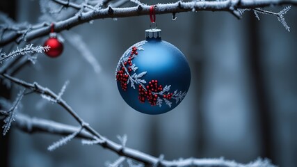 red and blue christmas ball on tree, Christmas decoration