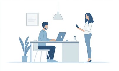 a man sitting at a desk with a laptop, and a woman standing near him holding a mobile phone, in a flat design on a white background Generative AI