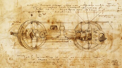 Abstract technical vehicle sketch, outlined on old paper.