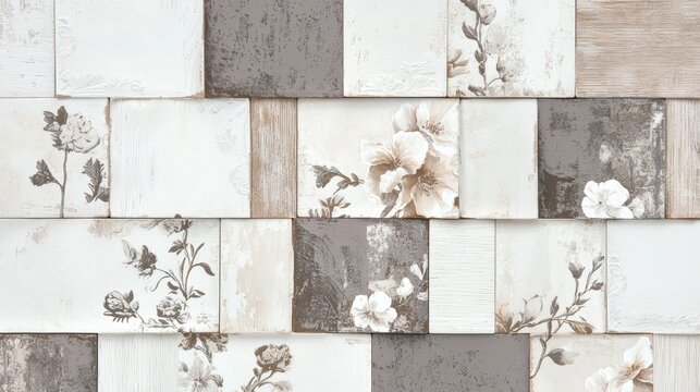 A patchwork of classic French toile patterns and faded floral designs, combined with distressed textures and ornate, Baroque-inspired detailing