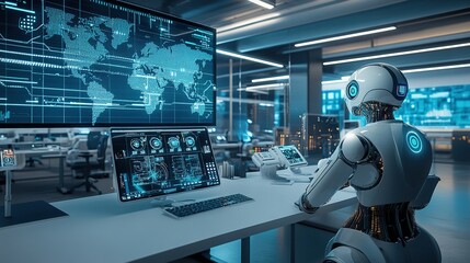 futuristic office setup with robotic process automation, artificial intelligence tools, and smart software systems streamlining business operations