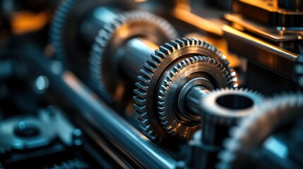 Fototapeta premium Close-up of intricate gears in a machine, showcasing detailed craftsmanship and mechanical precision in an industrial setting.