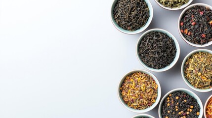 An assorted dried tea leaves in small ceramic bowls, dried tea leaves, tea blends and herbal infusions