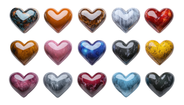 A Collection of Eighteen Shiny Heart-Shaped Stones with Diverse Inclusions - Powered by Adobe