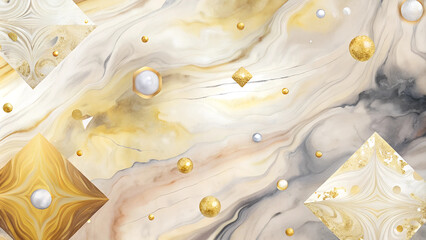 An abstract swirling design in shades of gold, white and gray embellished with shiny gold and pearl elements.