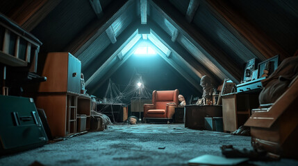 Dimly lit, cluttered attic with wooden beams, various old furniture, boxes, vintage items, dusty shelves, cobwebs, and a single armchair illuminated by a window.
