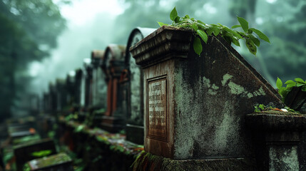 Old weathered tombstones covered in moss and vines in a foggy, overgrown cemetery. The atmosphere is misty, creating a somber and eerie mood.