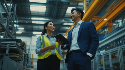 The boss and the worker are in the factory, the boss is showing something on the tablet and they are both smiling.
