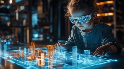 Child metaverse architect presenting a new virtual city, using holographic technology in a high-tech lab.
