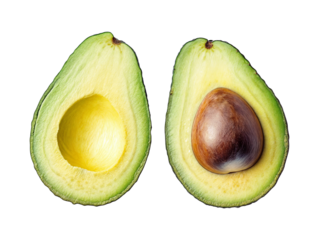 A halved avocado with smooth green flesh and a large brown seed in the center, isolated on transparent background, cutout . PNG