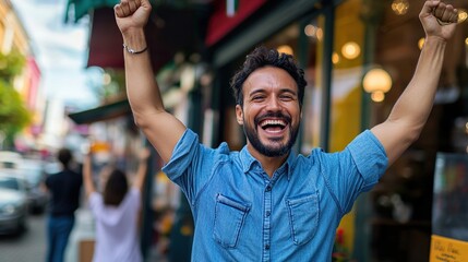 Fototapeta premium minority-owned business owner celebrating in front of their store, cheerful expression, local community members supporting, bright and inclusive atmosphere