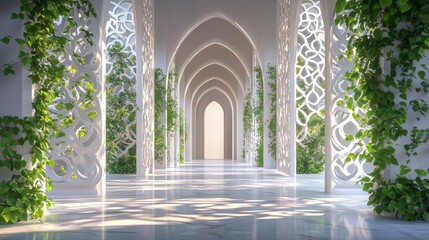 Discover a stunning 3D arch corridor with geometric patterns, ambient light, and a beckoning door.