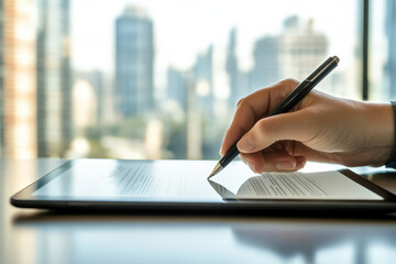 Businessman is signing an electronic document on a tablet, using a stylus pen, with a city skyline in the background