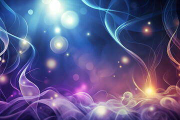 An abstract design with swirling patterns, vibrant colors going from blue to purple, and sparkling lighting effects that create a mystical atmosphere.