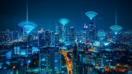 Obraz premium Modern city with wireless network connection and urban landscape concept 