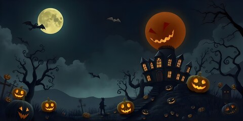Spooky Halloween Night with Haunted House and Pumpkins