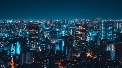Obraz premium A vibrant, dynamic city skyline illuminated at night, offering a clear, open sky for highlighting text or creative ideas.