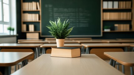 A green plant sits on a table in front of a black book. The room is filled with desks and chairs, and there are many books on shelves. The atmosphere of the room is calm and peaceful