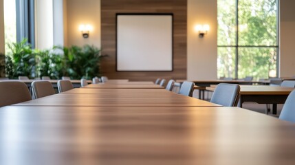 Fototapeta premium A large wooden table with many chairs around it. The chairs are mostly empty. The table is in a room with a white wall and a large window. The room is empty and has a simple, clean look