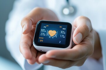 Hands holding a digital heart monitor, with the display showing heart rate data, heart rate check, health tracking