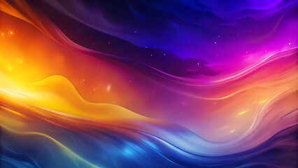 Bright abstract background with flowing shapes in shades of purple, blue, orange and yellow reminiscent of waves or northern lights.