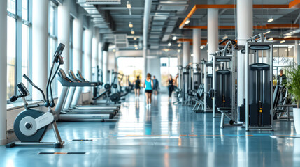 A gym scene with people using fitness trackers and smart equipment, promoting tech-enhanced workouts