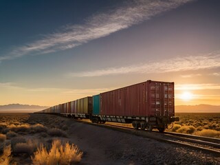 Fototapeta premium Cargo Train at Sunset on Railroad Tracks