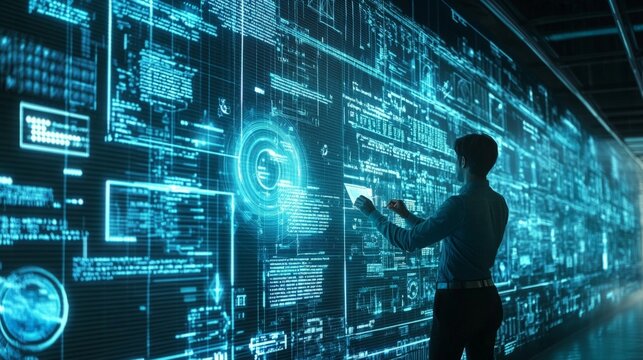 A sofware developer writing code on a large screen monitor