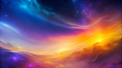 A nebula-like space scene with swirling clouds, stars and a spectrum of colors ranging from deep purples to bright oranges and yellows.
