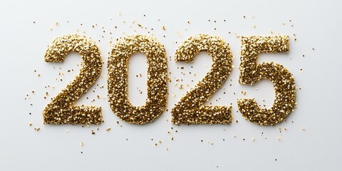 2025, made of golden shiny particles on a white background