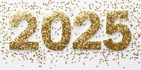 2025, made of golden shiny particles on a white background