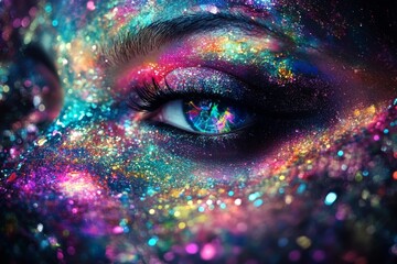 Mysterious eye set against a vibrant galaxy backdrop symbolizing the vastness of human perception and the intricate relationship between vision and cosmic exploration