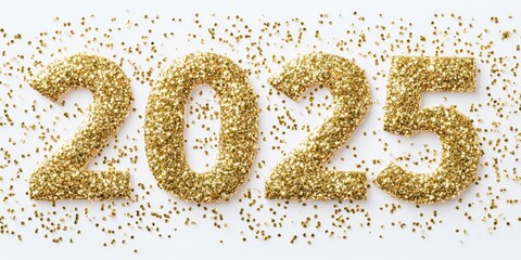 2025, made of golden shiny particles on a white background