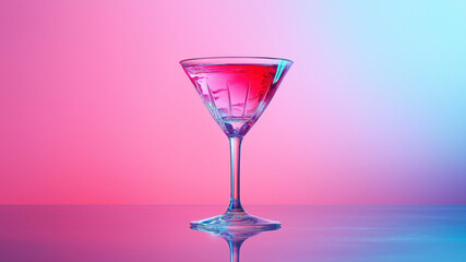 A vibrant cocktail in glass, reflecting colorful lights, creates lively atmosphere