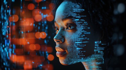 A woman engaged in digital interaction with glowing data streams